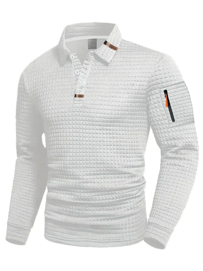 Langærmet herrepoloshirt med quiltet struktur, krave og lynlåslomme på ærmet