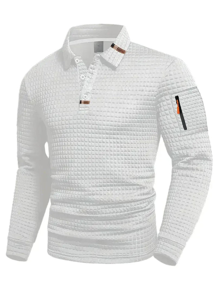 Langærmet herrepoloshirt med quiltet struktur, krave og lynlåslomme på ærmet
