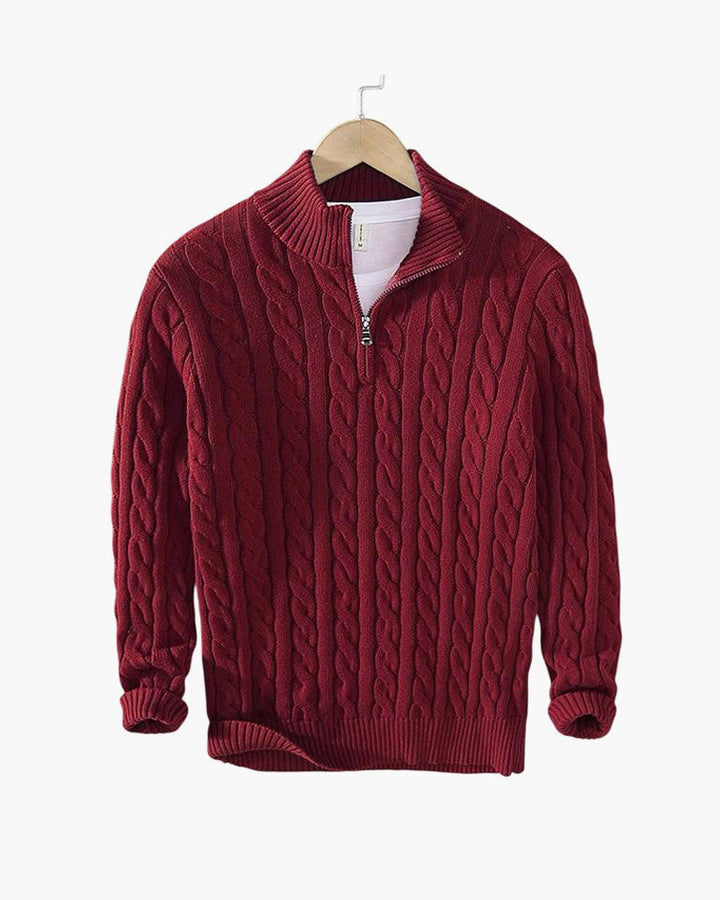 Herresweater med kabelstrik, høj krave og kort lynlås