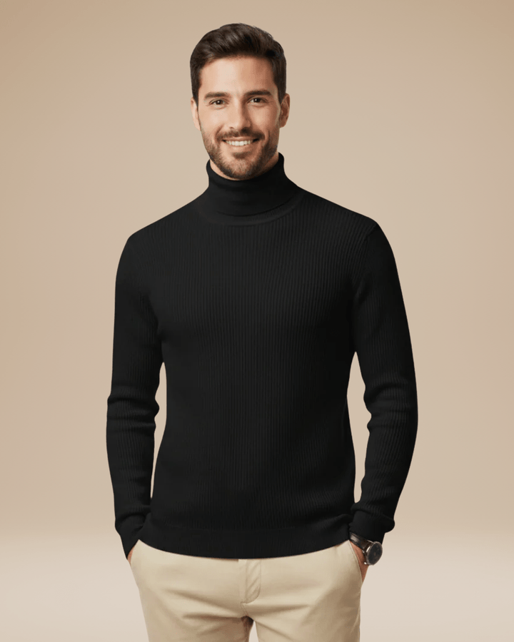 Herre i ensfarvet ribstrikket rullekravesweater med lange ærmer