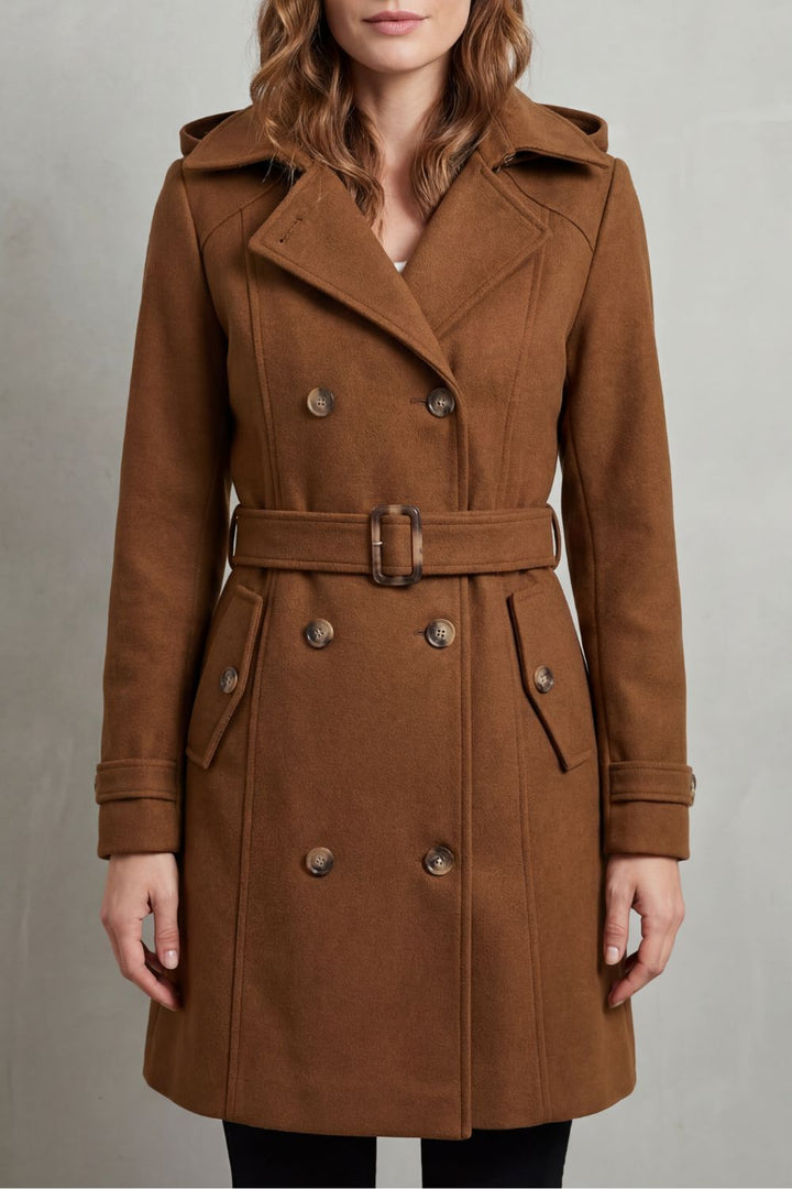 Dame trenchcoat med hætte, bælte, knapper og skrå lommer