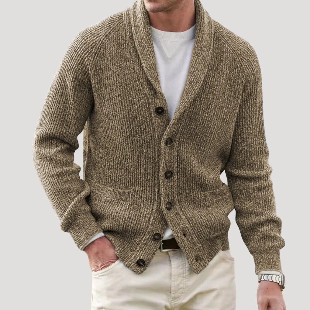Herrecardigan med ribstruktur, sjalskrave, knapper og lange ærmer