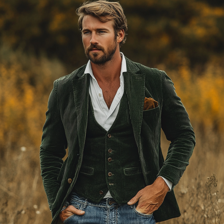 Herreblazer med matchende vest, revers og ribbet struktur