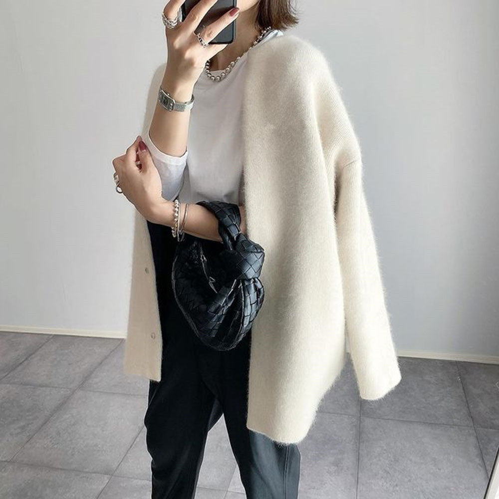 Lang strikket cardigan til kvinder med rund hals og knapper