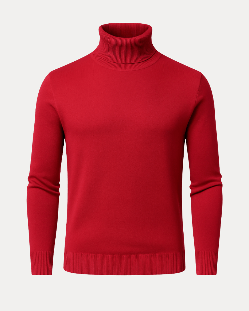 Herre i ensfarvet ribstrikket rullekravesweater med lange ærmer