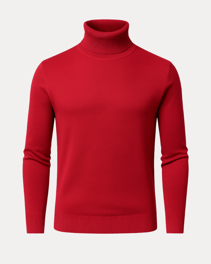 Herre i ensfarvet ribstrikket rullekravesweater med lange ærmer