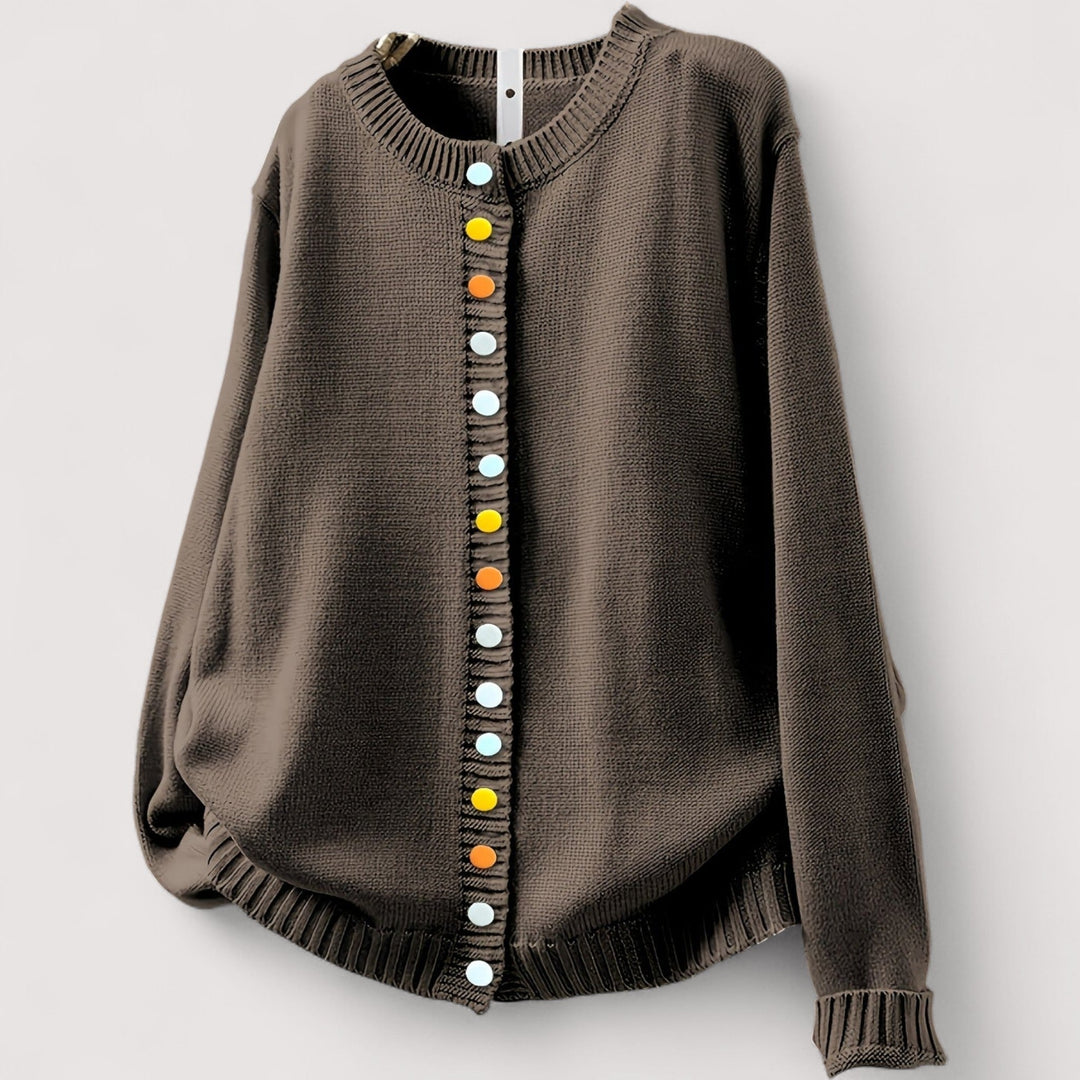 Strikcardigan med rund hals, lange ærmer, ribkanter og farvede knapper