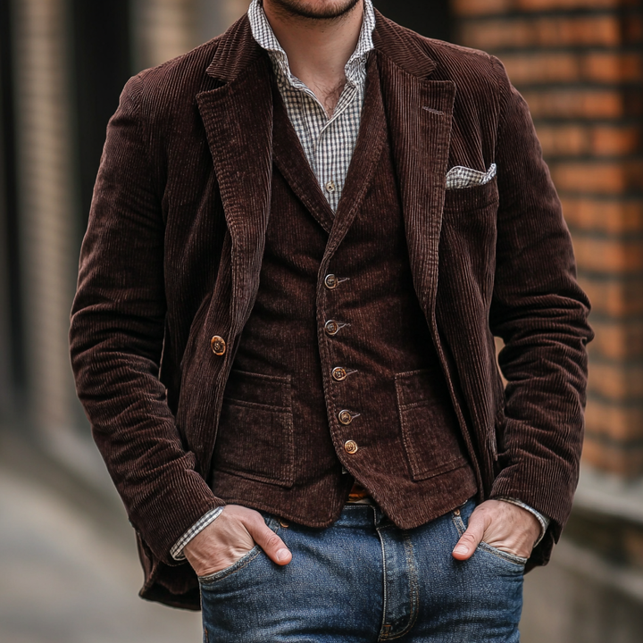 Herreblazer med matchende vest, revers og ribbet struktur