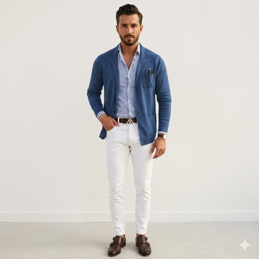 Herreblazer i strikket struktur med revers, knapper og lommer