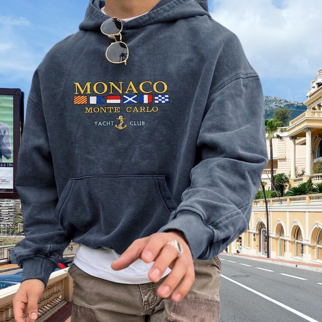 Mørkegrå herrehoodie med hætte, Monaco-tryk og kængurulomme