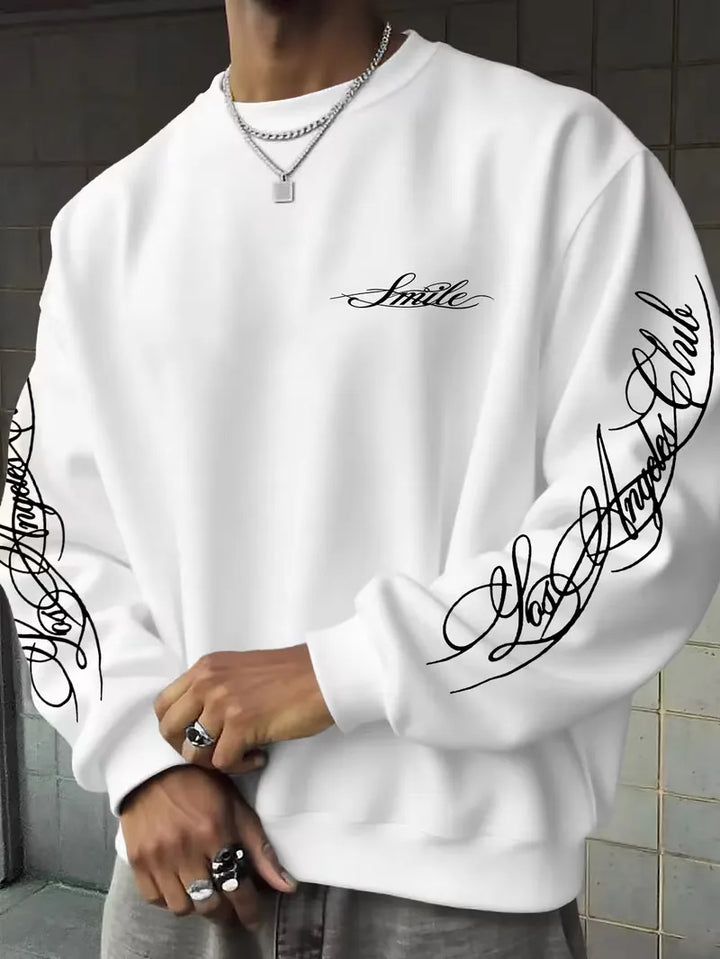 Herre sweatshirt med hvidt skriftprint på bryst og lange ærmer