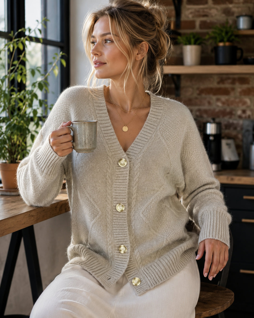 Dame i strikket cardigan med V-hals, knapper og kabelmønster