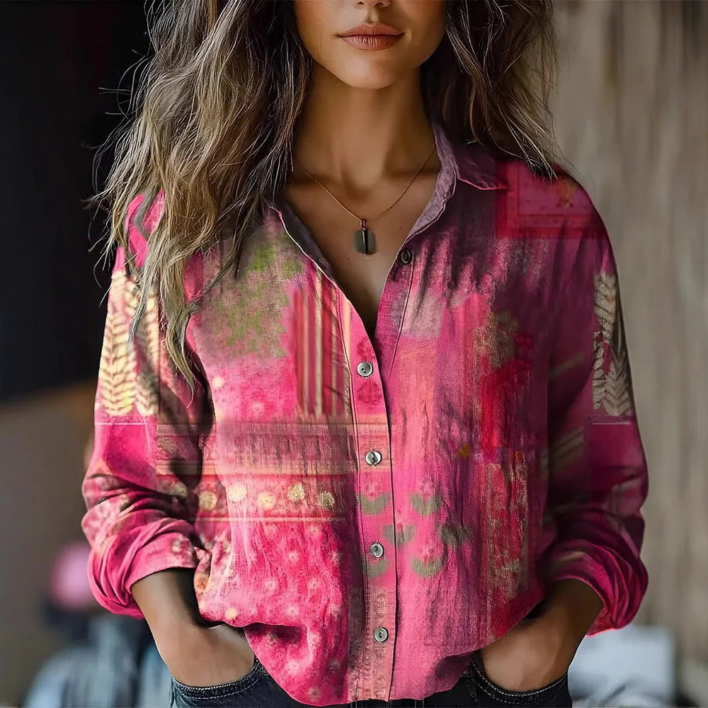 Dameskjorte med blomstret mønster, lange ærmer og knaplukning
