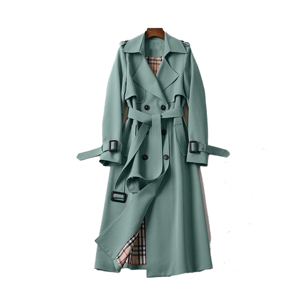 Lang dame-trenchcoat med reverskrave, bælte og knapper