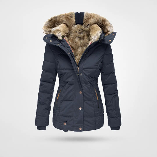 Quiltet damevinterjakke med hætte og pelskant