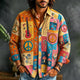 Herreskjorte med farverigt patchworkprint, guitarer, blomster og fredstegn