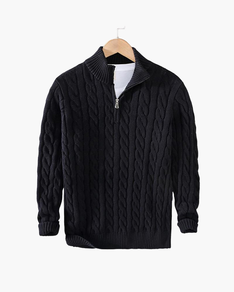 Herresweater med kabelstrik, høj krave og kort lynlås