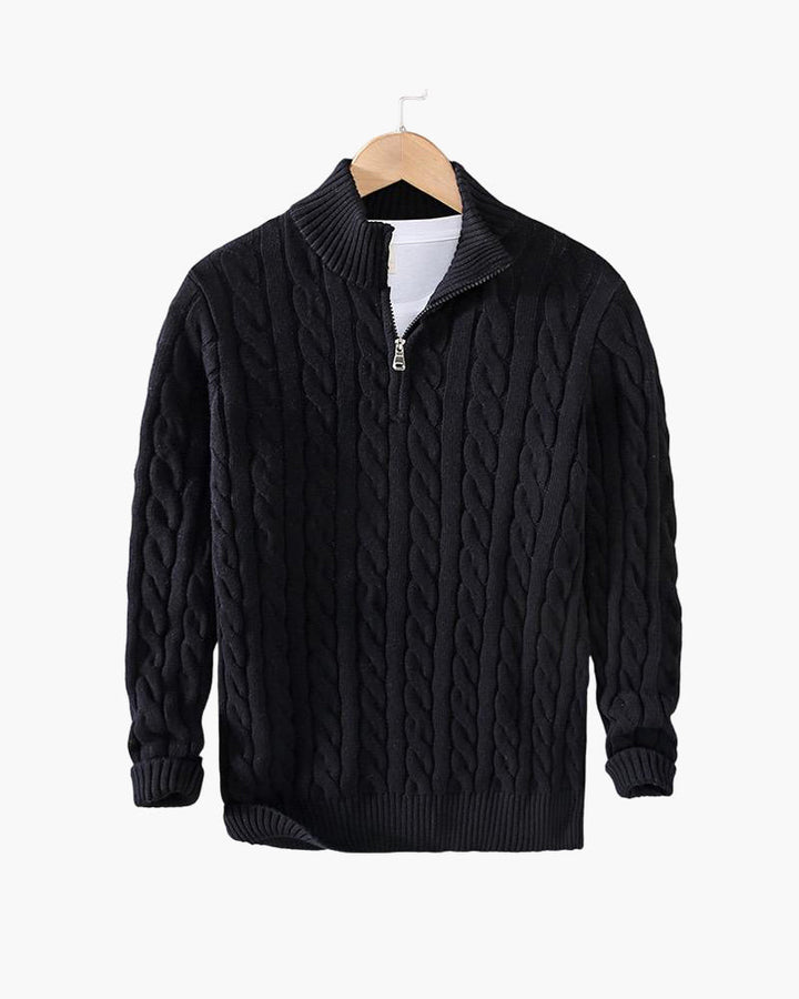 Herresweater med kabelstrik, høj krave og kort lynlås