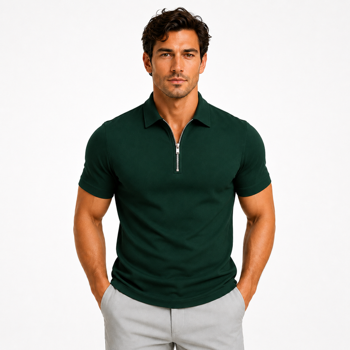 Herrepoloshirt med skjortekrave og kort lynlås