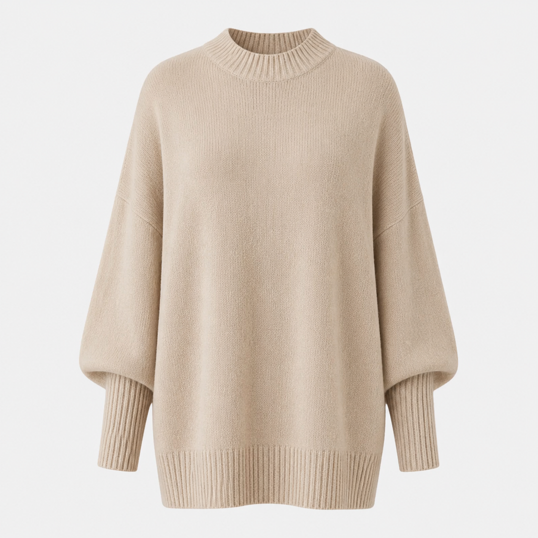 Dame oversized striktrøje med høj krave, brede lange ærmer og ribkanter