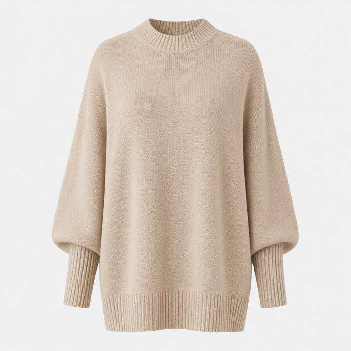 Dame oversized striktrøje med høj krave, brede lange ærmer og ribkanter