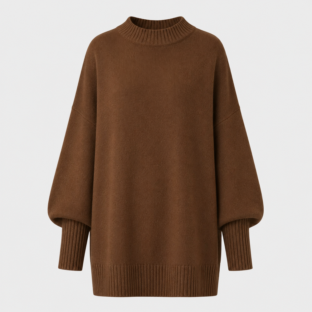 Dame oversized striktrøje med høj krave, brede lange ærmer og ribkanter