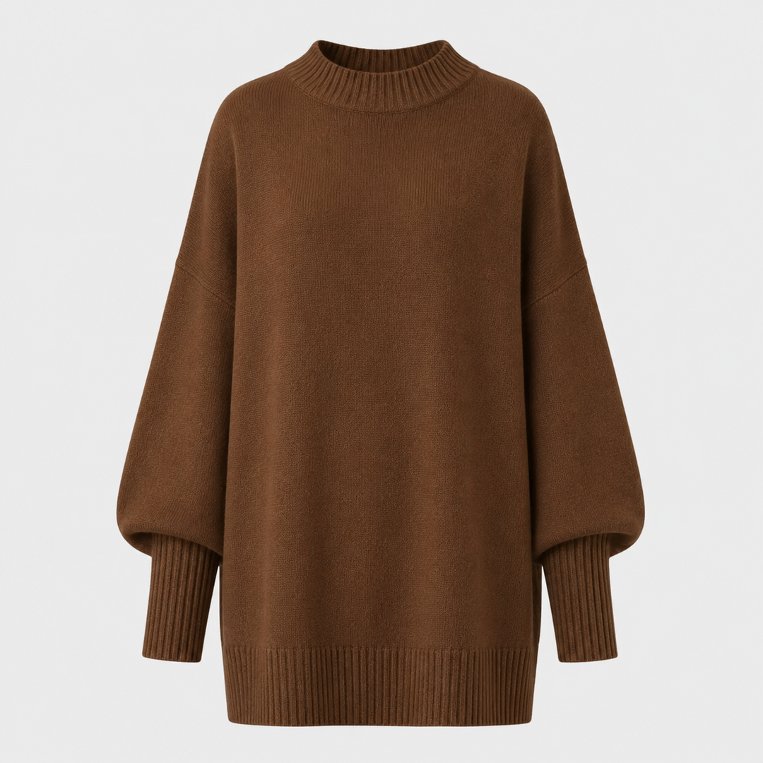 Dame oversized striktrøje med høj krave, brede lange ærmer og ribkanter