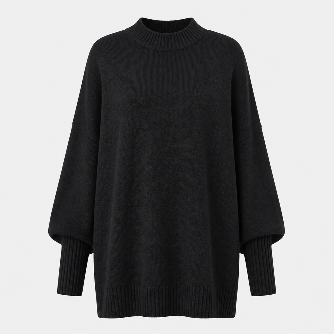 Dame oversized striktrøje med høj krave, brede lange ærmer og ribkanter