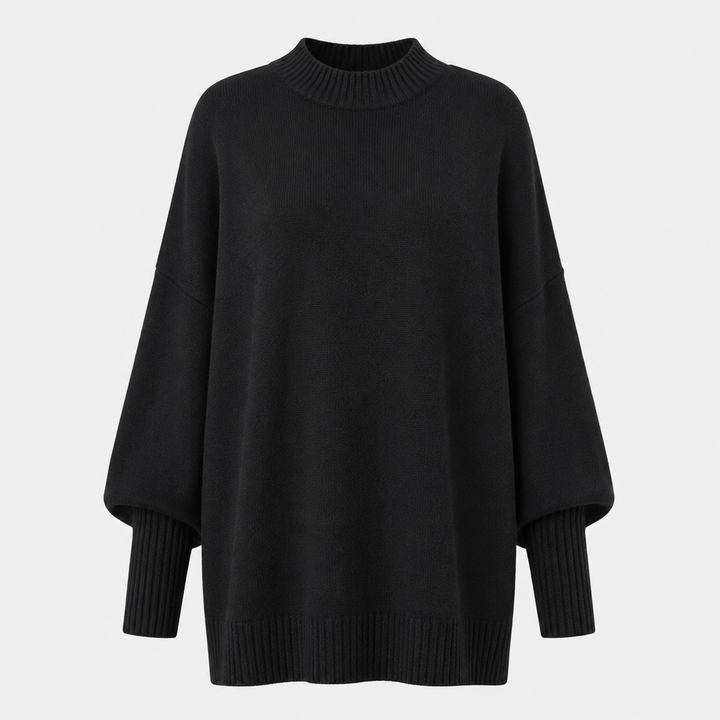 Dame oversized striktrøje med høj krave, brede lange ærmer og ribkanter