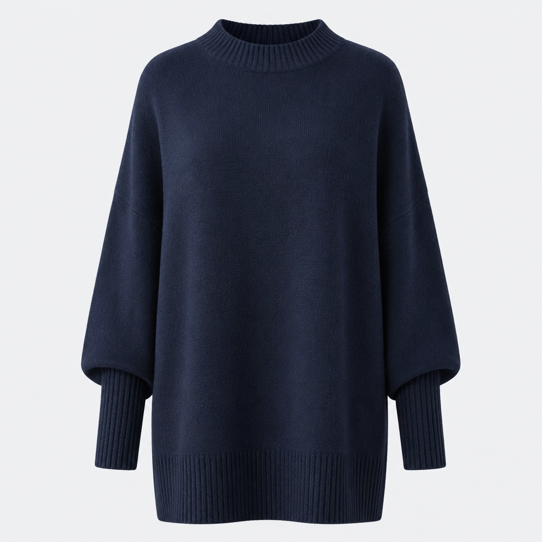 Dame oversized striktrøje med høj krave, brede lange ærmer og ribkanter