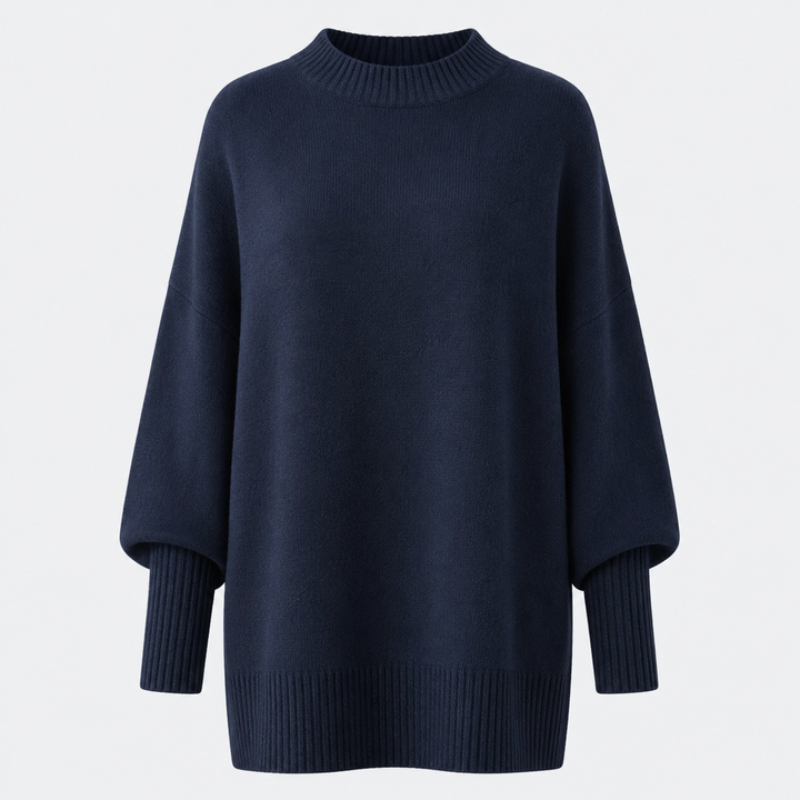 Dame oversized striktrøje med høj krave, brede lange ærmer og ribkanter