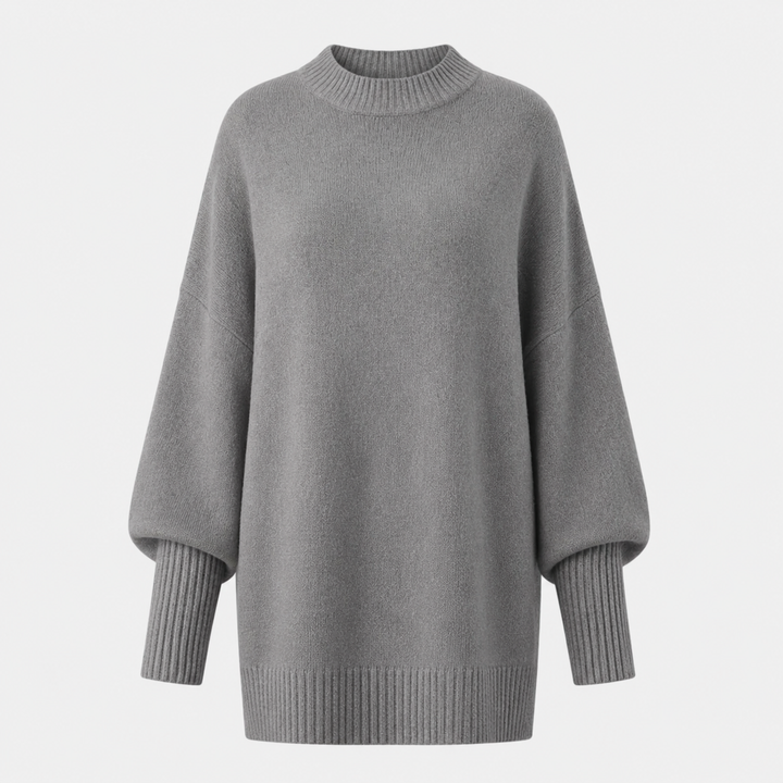 Dame oversized striktrøje med høj krave, brede lange ærmer og ribkanter