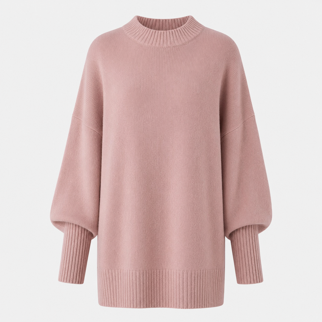 Dame oversized striktrøje med høj krave, brede lange ærmer og ribkanter