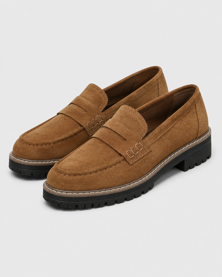 Dame loafers med pennyrem, rund tå og rillet ydersål