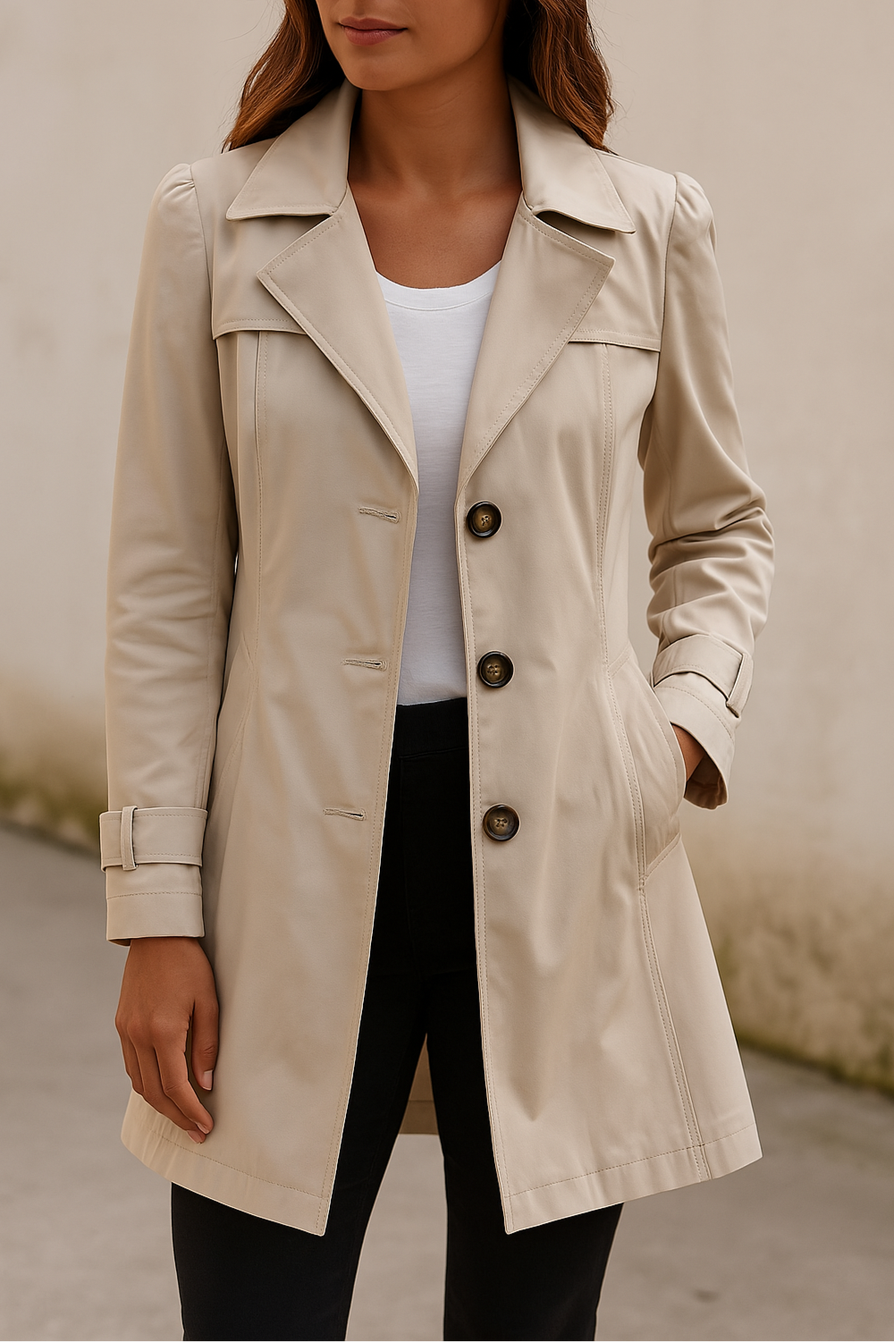 Figursyet dame-trenchcoat med klassisk krave, lange ærmer, knapper og skrå lommer