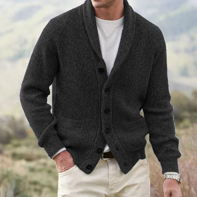 Herre cardigan med sjalskrave, knapper, ribstruktur og lommer