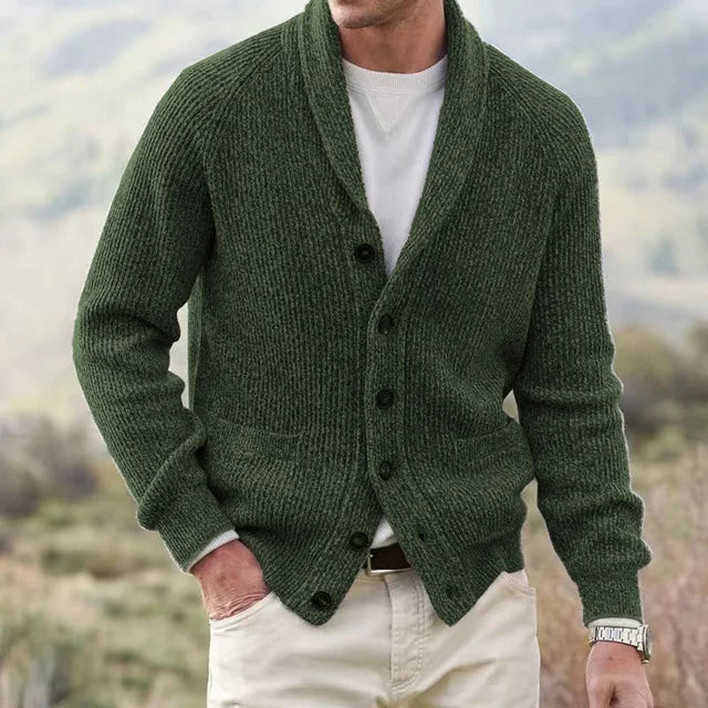 Herre cardigan med sjalskrave, knapper, ribstruktur og lommer