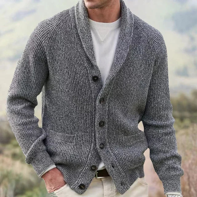 Herre cardigan med sjalskrave, knapper, ribstruktur og lommer