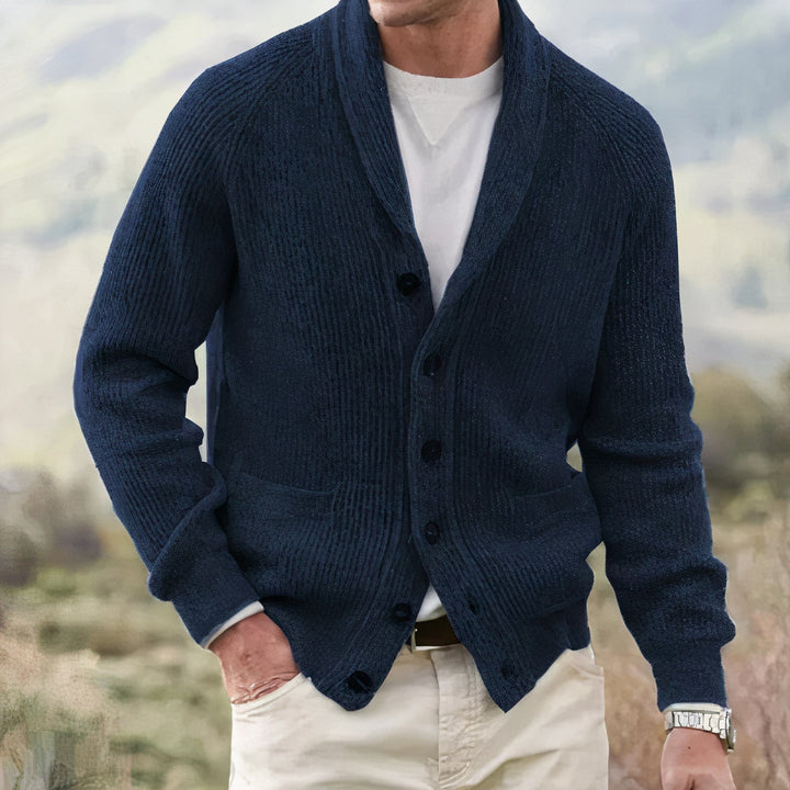 Herre cardigan med sjalskrave, knapper, ribstruktur og lommer