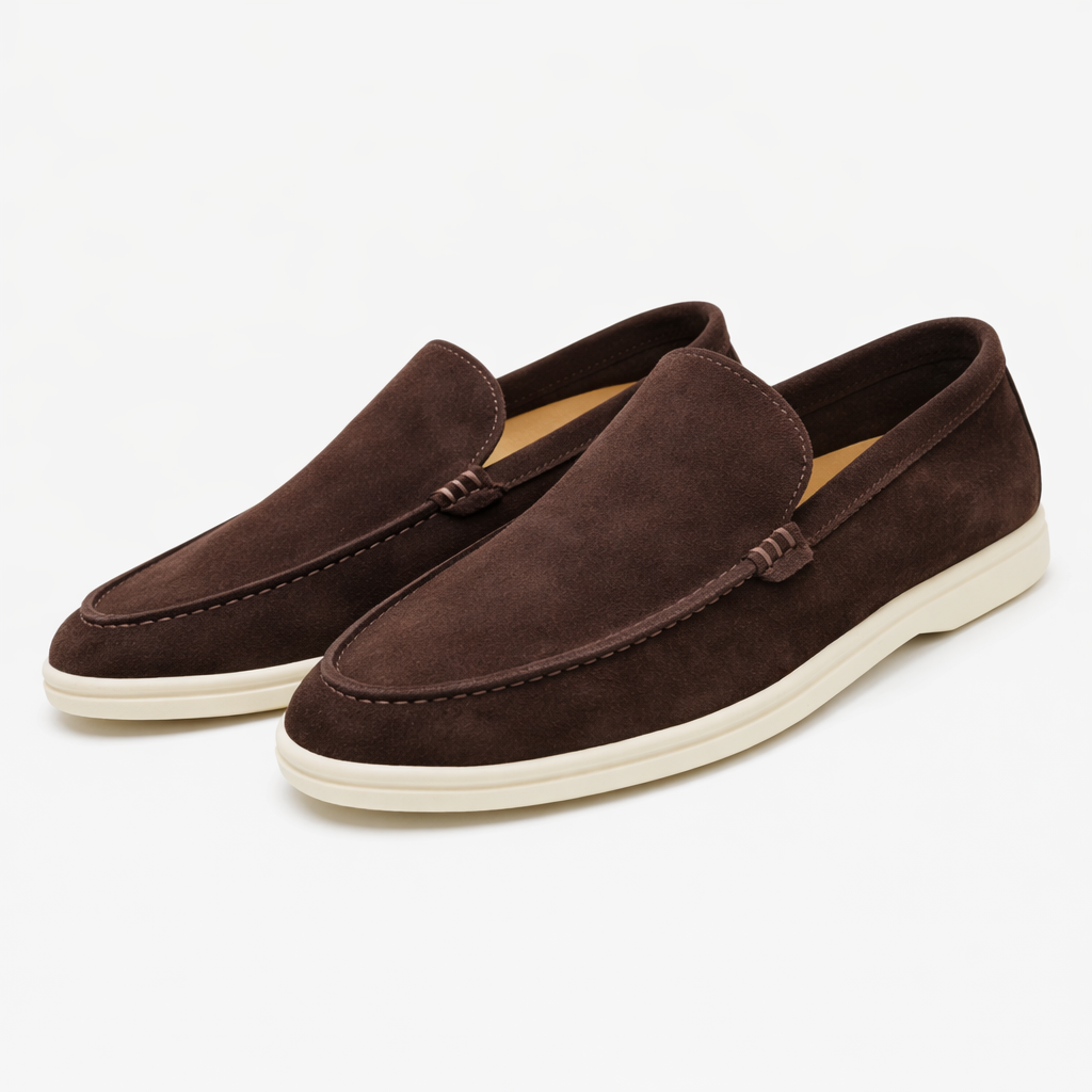 Herreloafers med mokkasinsnit, rund tå og lys flad sål