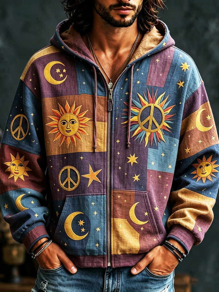 Flerfarvet herrehættetrøje med patchwork, hætte, lynlås og sol- og stjernemotiver