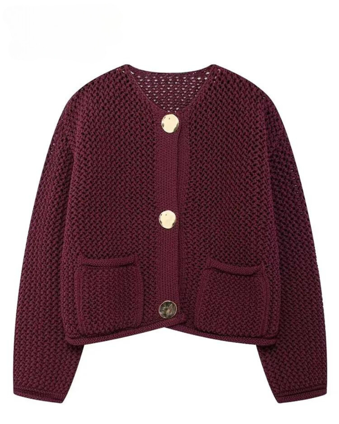 Vinrød strikket cardigan med rund hals, lange ærmer og store knapper