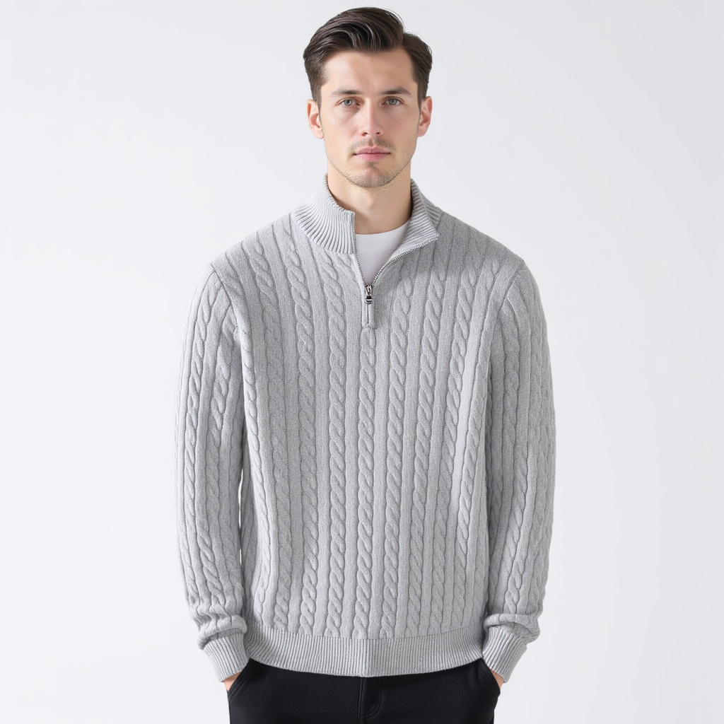 Herresweater med kabelstrik, høj krave og kort lynlås