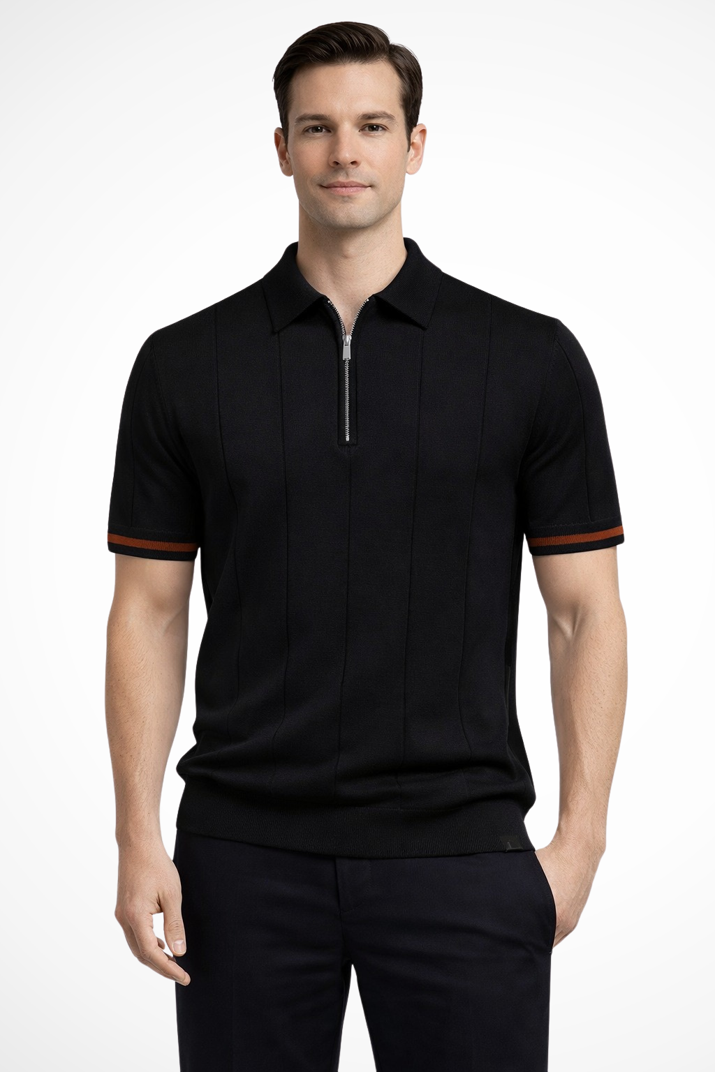 Herre poloshirt med krave, kvart lynlås og ribstruktur