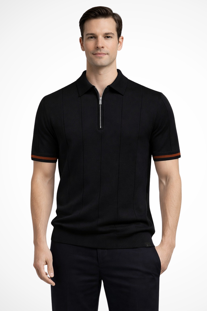 Herre poloshirt med krave, kvart lynlås og ribstruktur