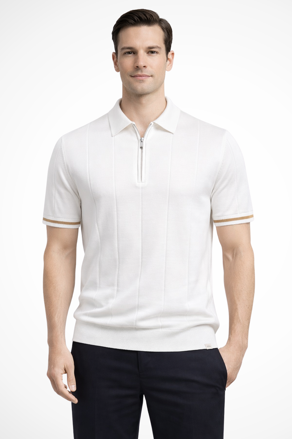 Herre poloshirt med krave, kvart lynlås og ribstruktur