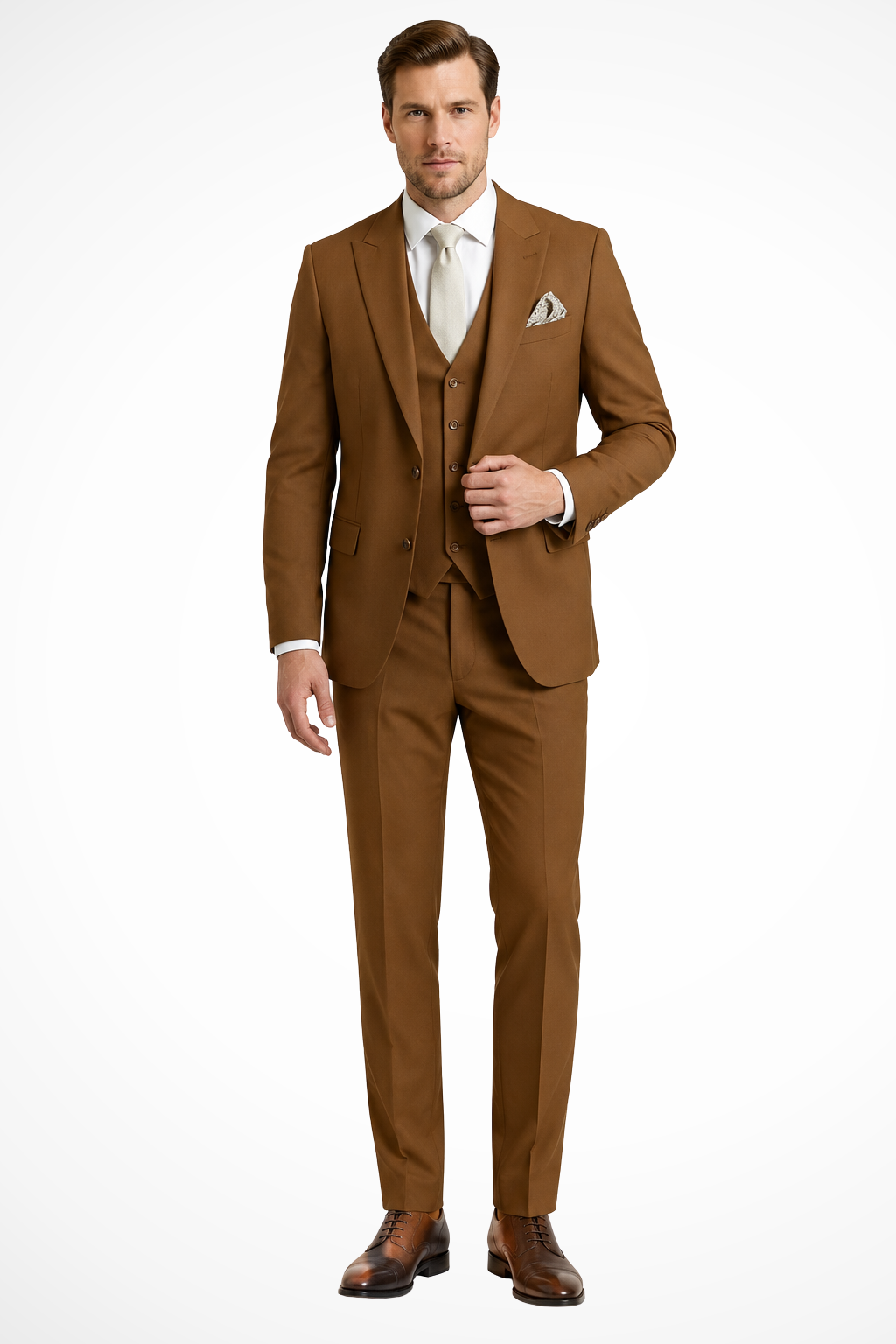 Herre iført tredelt jakkesæt med jakke, vest og lange bukser
