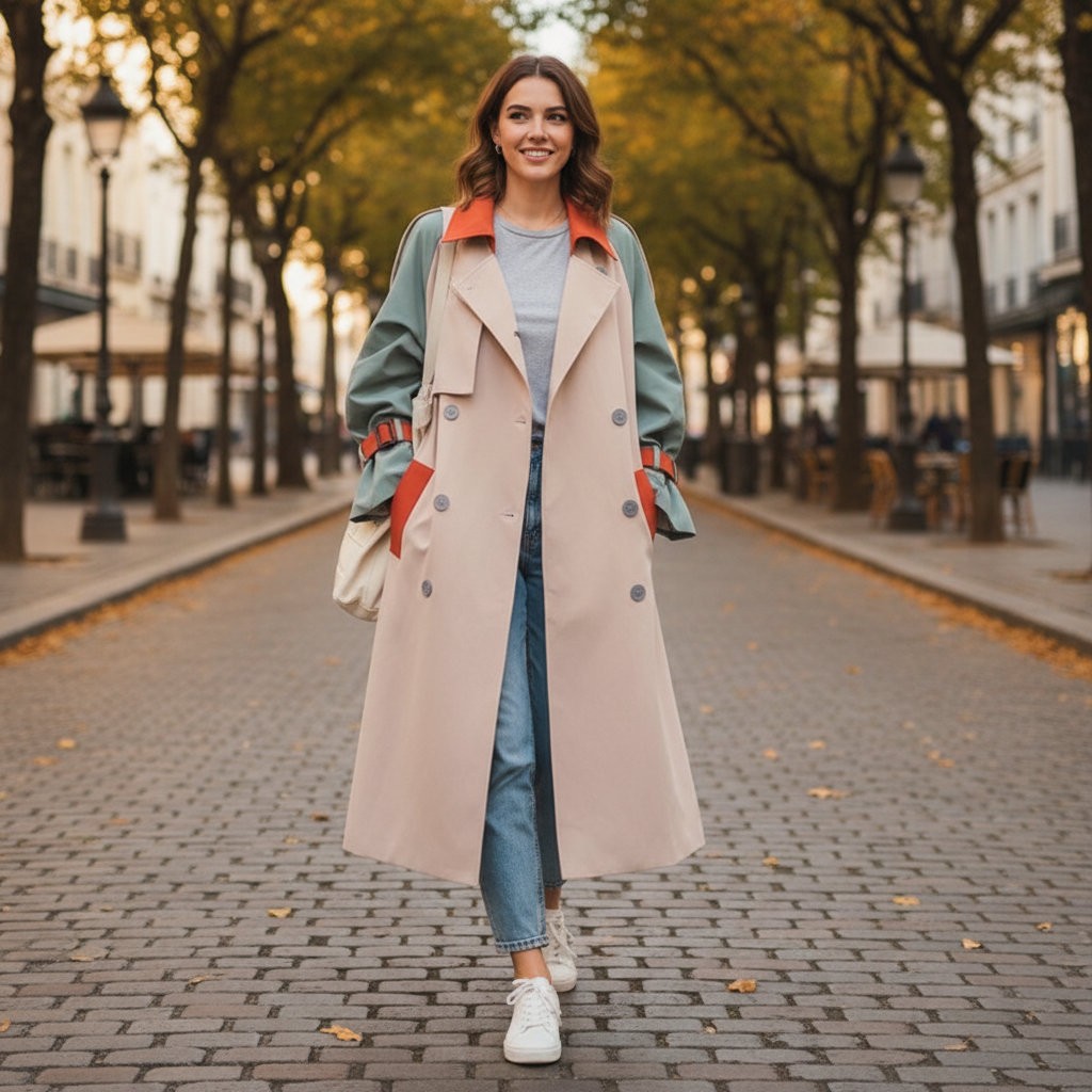 Lang dame trenchcoat i beige med blå og orange farveblokke