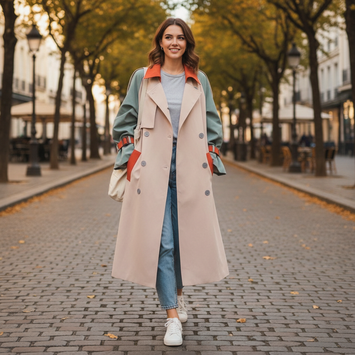 Lang dame trenchcoat i beige med blå og orange farveblokke