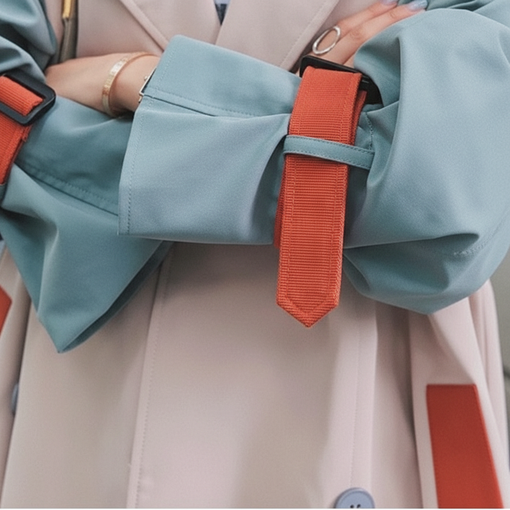 Lang dame trenchcoat i beige med blå og orange farveblokke